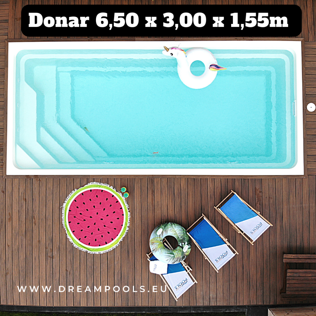 Rectangular fiberglass pool Donar with dimensions 6,50 x 3,00 x 1,55m in white color